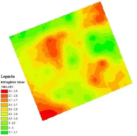 mapa de calor que representa a variabilidade espacial da concentração de nitrogênio foliar em uma área agrí