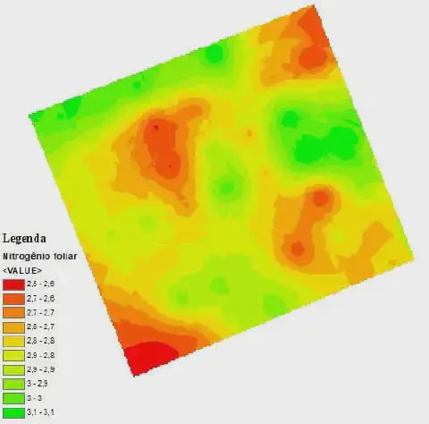 mapa de calor que representa a variabilidade espacial da concentração de nitrogênio foliar em uma área agrí