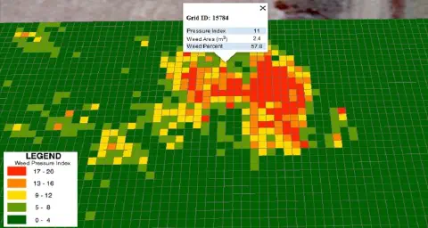 a interface de um software de agricultura de precisão, apresentando um mapa de calor que ilustra o índice de p