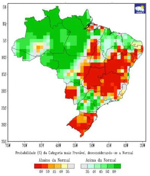 mapa do Brasil com a previsão de probabilidade de chuva, elaborado pelo Instituto Nacional de Meteorologia