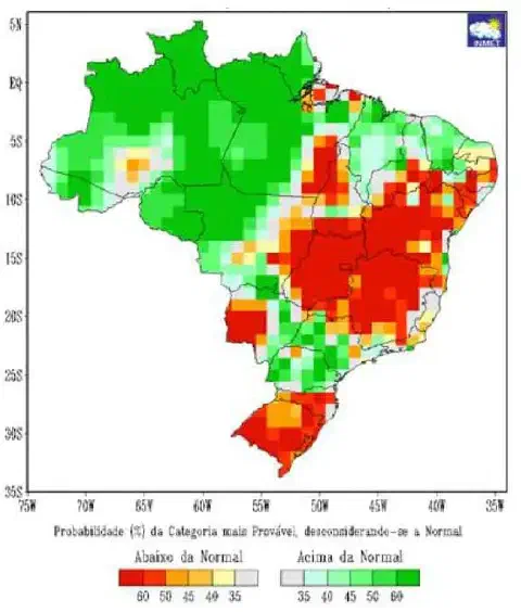 mapa do Brasil com a previsão de probabilidade de chuva, elaborado pelo Instituto Nacional de Meteorologia