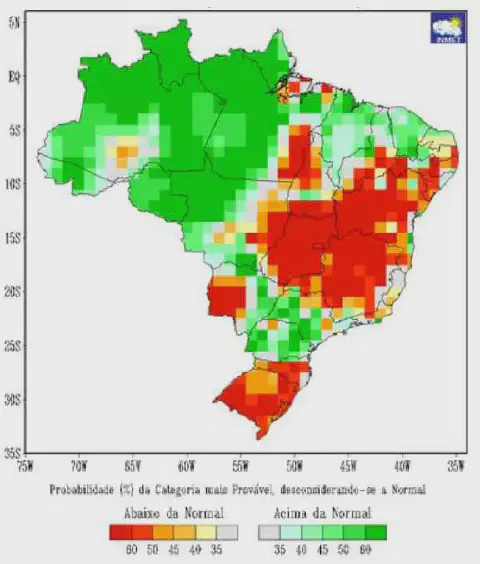 mapa do Brasil com a previsão de probabilidade de chuva, elaborado pelo Instituto Nacional de Meteorologia