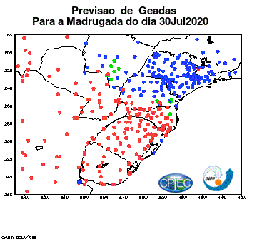 mapa de previsão de geadas para a madrugada do dia 30 de julho de 2020, focado nas regiões Sul, Sudeste e p