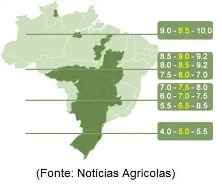 mapa do Brasil com um infográfico sobreposto, destacando dados agrícolas por região. Uma grande área centra