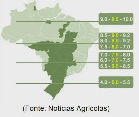 mapa do Brasil com um infográfico sobreposto, destacando dados agrícolas por região. Uma grande área centra
