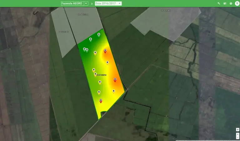 Mapa de Produtividade: Análise de Talhões no Software Aegro a interface do software de gestão agrícola Aegro, mostrando um mapa de produtividade de um talhão da “Fazenda