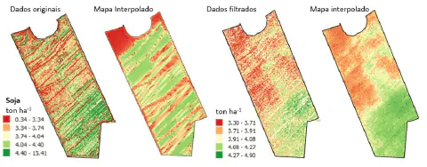 comparativo de quatro mapas de produtividade de uma lavoura de soja, ilustrando o processo de tratamento de