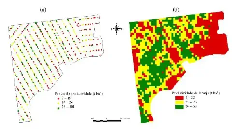 dois mapas de uma mesma área agrícola, ilustrando o processo de mapeamento de produtividade em um pomar de lar