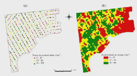 dois mapas de uma mesma área agrícola, ilustrando o processo de mapeamento de produtividade em um pomar de lar