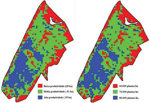 uma comparação lado a lado de dois mapas de um mesmo talhão agrícola, ilustrando um conceito fundamental da ag