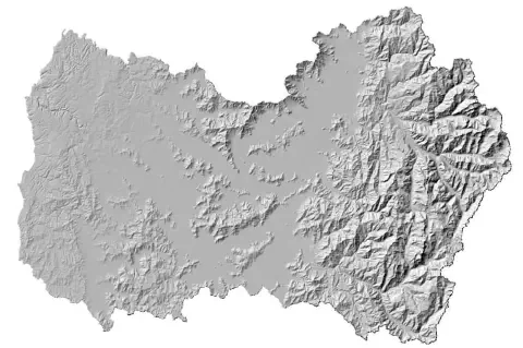 mapa de relevo topográfico em tons de cinza, representando uma área geográfica com variações significativas