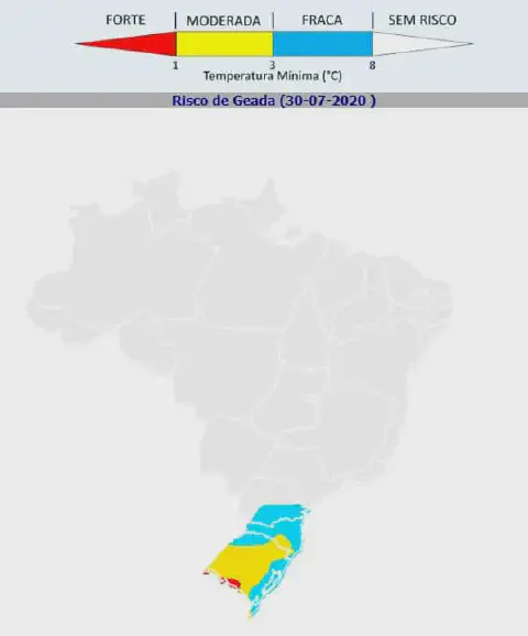 mapa de previsão do tempo focado no risco de geada para a região Sul do Brasil, datado de 30 de julho de 20