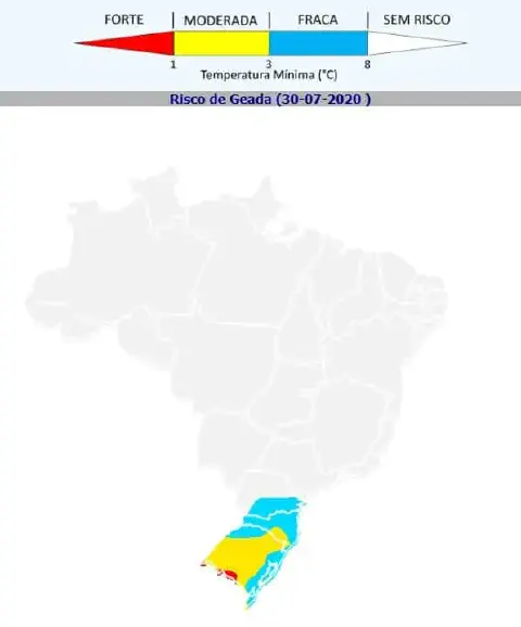 mapa de previsão do tempo focado no risco de geada para a região Sul do Brasil, datado de 30 de julho de 20