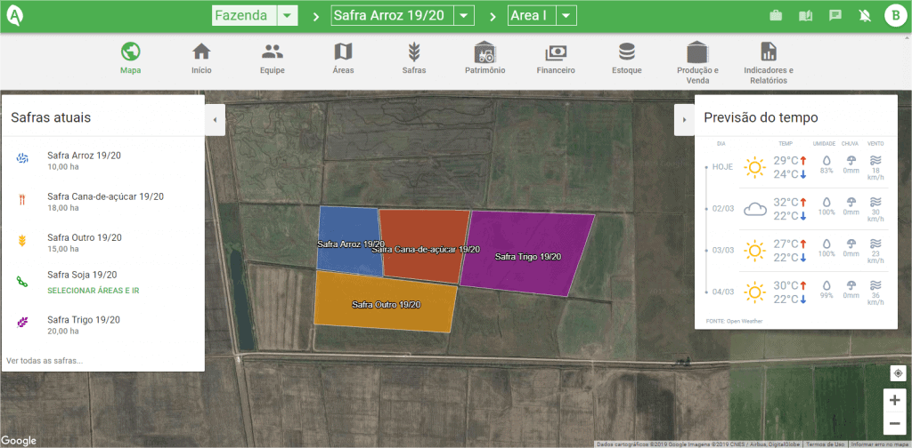 a interface da funcionalidade de mapa do software de gestão agrícola Aegro. No centro, uma visualização de sat