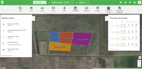 a interface da funcionalidade de mapa do software de gestão agrícola Aegro. No centro, uma visualização de sat