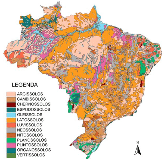 mapa pedológico detalhado do Brasil, ilustrando a complexa distribuição dos diferentes tipos de solo em tod