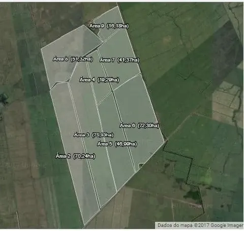uma visão de satélite de uma propriedade rural, com foco em uma área agrícola que foi digitalmente dividida em