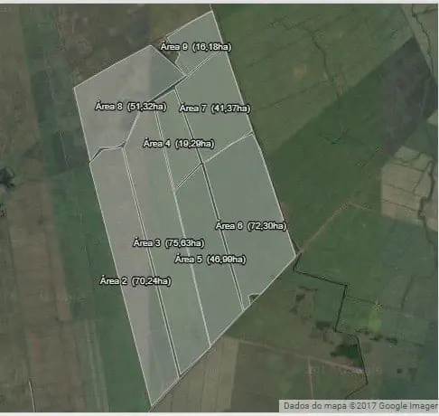 Mapa de Talhões: Como Otimizar a Gestão da Fazenda uma visão de satélite de uma propriedade rural, com foco em uma área agrícola que foi digitalmente dividida em