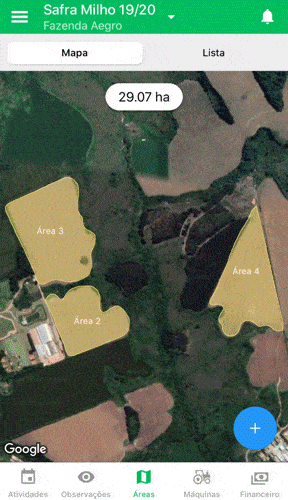 GIF que demonstra a interface do aplicativo móvel da Aegro, especificamente na seção ‘Áreas’. A tela exibe um m