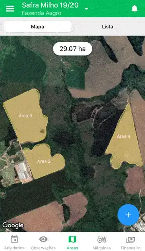 GIF que demonstra a interface do aplicativo móvel da Aegro, especificamente na seção 'Áreas'. A tela exibe um m