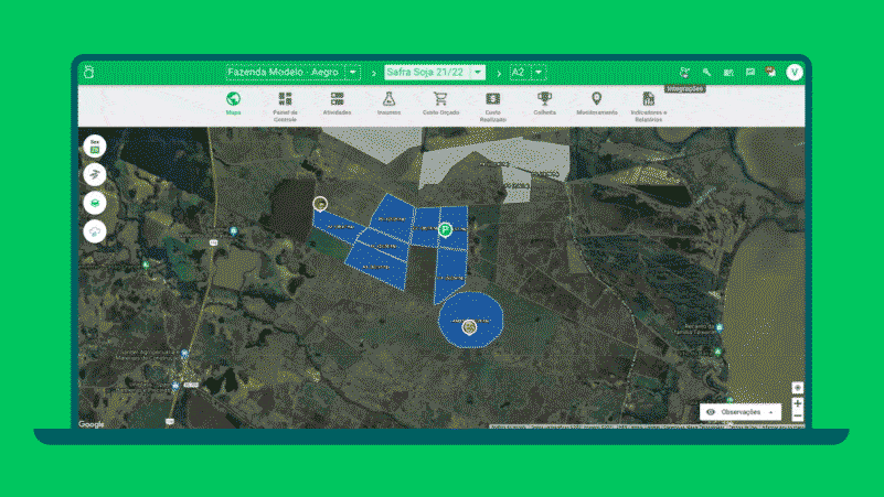 Mapa de Talhões no Software Agrícola Aegro GIF que exibe a interface da funcionalidade de ‘Mapa’ do software de gestão agrícola Aegro, apresentada na tela