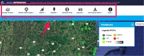 a interface do 'Mapa Interativo da Rede Observacional para Monitoramento de Risco de Desastres Naturais' do Ce