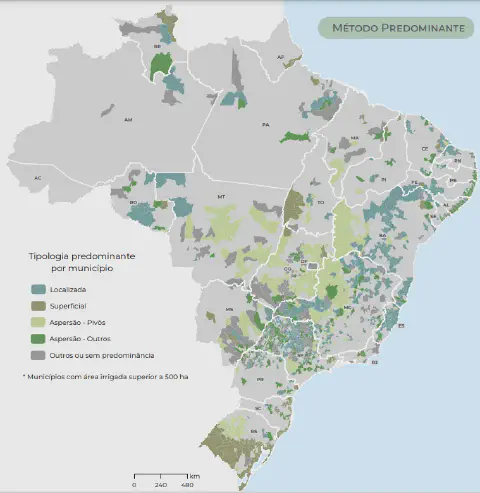 Mapa dos métodos de irrigação predominantes no Brasil por região
