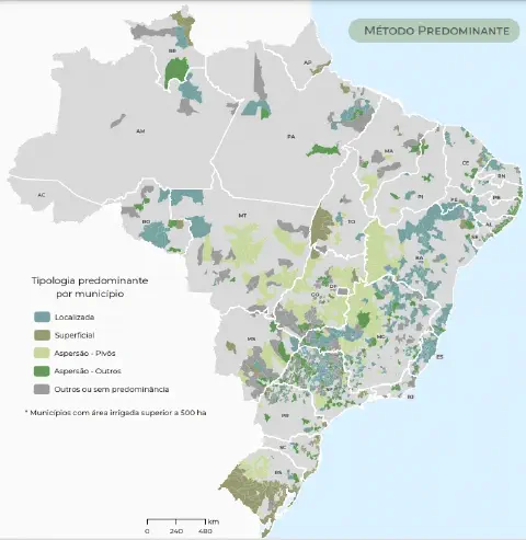 Mapa dos métodos de irrigação predominantes no Brasil por região
