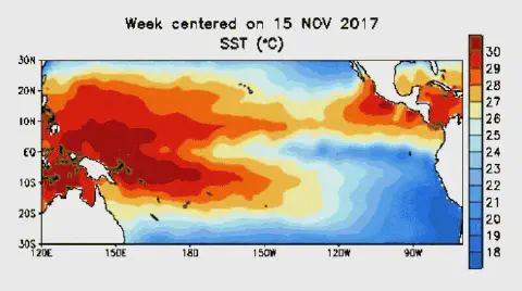 mapa de calor que ilustra a Temperatura da Superfície do Mar (TSM ou SST, em inglês) no Oceano Pacífico, centra