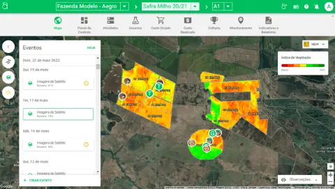 a interface do software de gestão agrícola Aegro, especificamente a funcionalidade de mapa com imagens de saté
