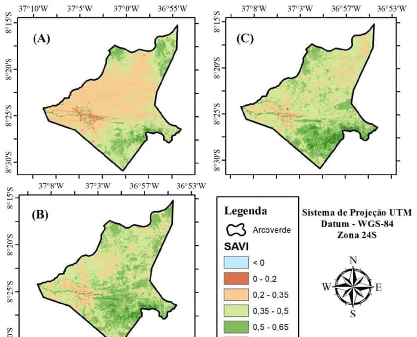 conjunto de três mapas temáticos, identificados como (A), (B) e (C), que ilustram a distribuição espaci