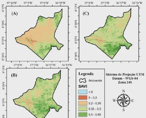 conjunto de três mapas temáticos, identificados como (A), (B) e (C), que ilustram a distribuição espaci