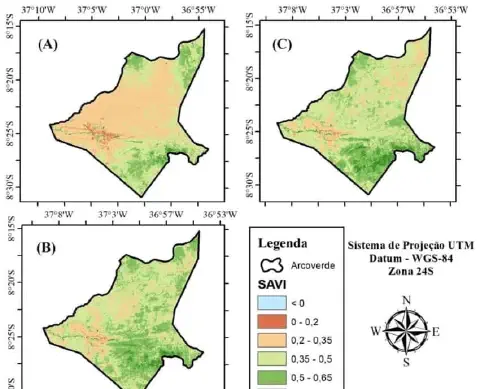 conjunto de três mapas temáticos, identificados como (A), (B) e (C), que ilustram a distribuição espaci