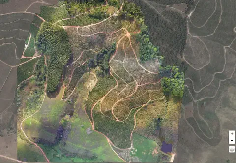 uma visão aérea de uma propriedade rural, capturada por meio de um software de gestão agrícola. Trata-se de um