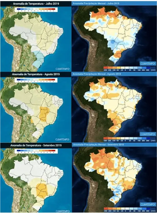 conjunto de seis mapas do Brasil, organizados em uma grade de 3x2, que ilustram as anomalias climáticas par