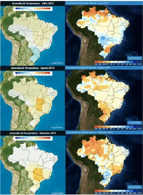 Mapa do Brasil com anomalias de precipitação: déficit no Centro-Oeste e excesso no Sul