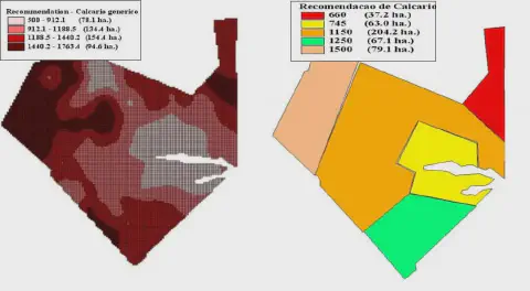 uma comparação entre dois tipos de mapas de recomendação de calcário para a mesma área agrícola. À esquerda, u