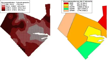 uma comparação entre dois tipos de mapas de recomendação de calcário para a mesma área agrícola. À esquerda, u