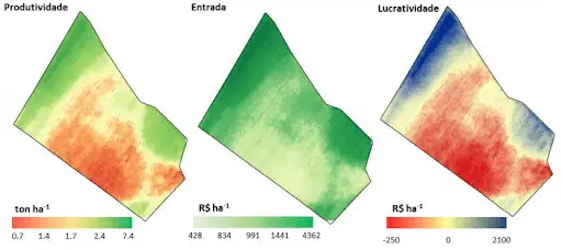 três mapas de calor lado a lado, representando a análise de uma mesma área agrícola sob diferentes métricas: P