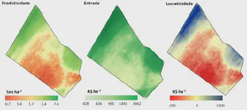 três mapas de calor lado a lado, representando a análise de uma mesma área agrícola sob diferentes métricas: P