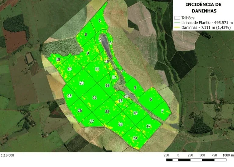 mapa de análise agronômica gerado por um software de gestão rural, mostrando a incidência de plantas daninh