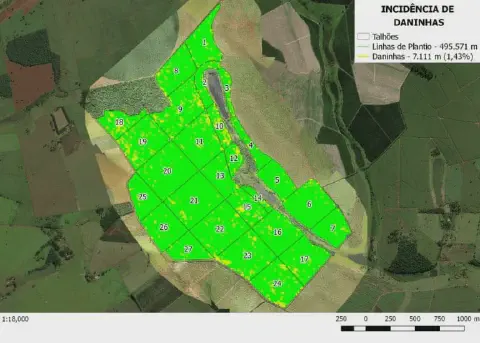 mapa de análise agronômica gerado por um software de gestão rural, mostrando a incidência de plantas daninh