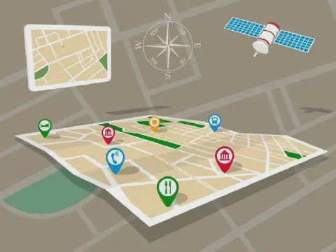 ilustração conceitual que representa a tecnologia de mapeamento e geolocalização. Em primeiro plano, um mapa f