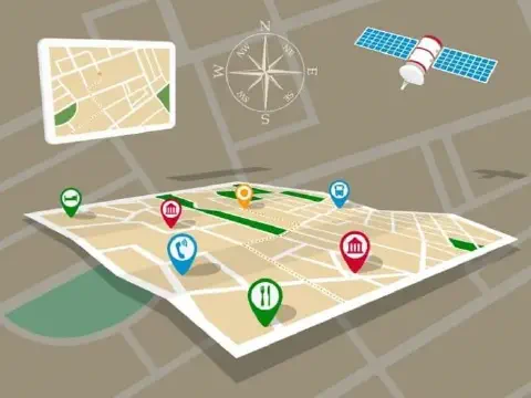 ilustração conceitual que representa a tecnologia de mapeamento e geolocalização. Em primeiro plano, um mapa f