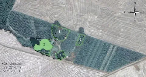 uma vista aérea de uma propriedade rural, provavelmente capturada por satélite, com diversas áreas demarcadas