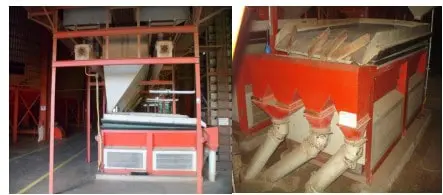 composição de duas fotografias que exibem uma máquina industrial de grande porte para o beneficiamento de grão