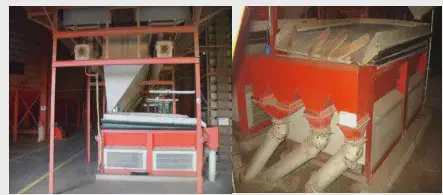 composição de duas fotografias que exibem uma máquina industrial de grande porte para o beneficiamento de grão