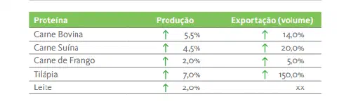 uma tabela informativa que resume o desempenho do setor de proteína animal no Brasil, focando em produção e ex
