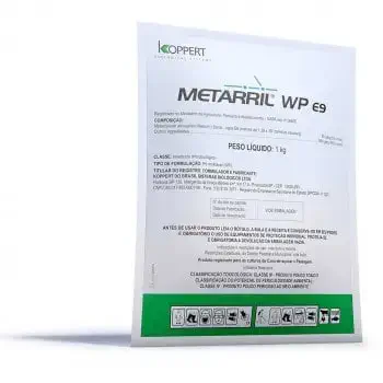 a embalagem do produto Metarril WP e9, um inseticida microbiológico fabricado pela Koppert Biological Systems.