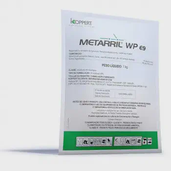 a embalagem do produto Metarril WP e9, um inseticida microbiológico fabricado pela Koppert Biological Systems.